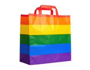 A colorful paper shopping bag with horizontal rainbow stripes, featuring red, orange, yellow, green, blue, and purple bands and sturdy handles.