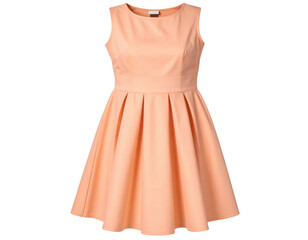 A sleeveless, peach-colored dress with a fitted bodice and a flared, pleated skirt.