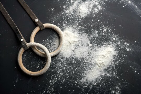 Top view of wooden gymnastic rings on a dark surface scattered with white chalk powder, capturing intensity and preparation before athletic performance