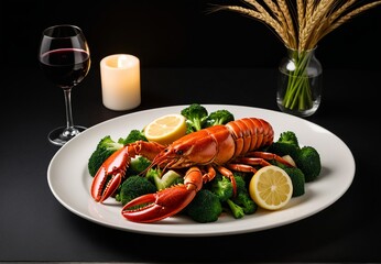 Dark food photography: Soft-lit lobster texture with wine reflection, minimalist wheatgrass plating