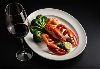 Premium food ad template: Lobster and broccoli on white plate with wine bottle, wheatgrass on black