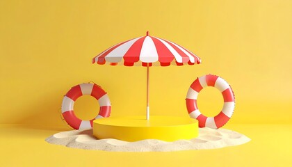 Yellow podium with umbrella and life preservers on sand