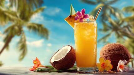 a tropical cocktail with coconut and orange juice on the beach, surrounded by coconut, palm fronds and blue skies; Bright, sweet, and captures summer, holidays, and relaxation by the sea.