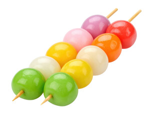 Two skewers each holding five colorful, glossy, round dango Japanese rice dumplings arranged in a neat row.