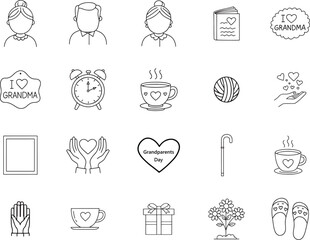 Collection of line art icons representing grandparents and senior lifestyle