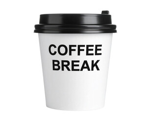 A white disposable coffee cup with a black lid featuring the bold text "COFFEE BREAK" on its front.