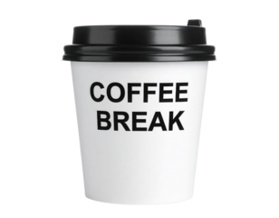 A white disposable coffee cup with a black lid featuring the bold text "COFFEE BREAK" on its front.