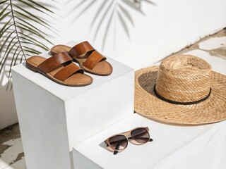 Minimal leather sandals are displayed on a white cube block with sunglasses and a straw hat nearby, soft palm shadows, and a clean background.
