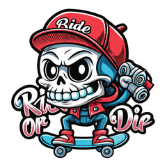 Fototapeta premium cartoon-skull-in-backward-cap-with-skateboard-t-shirt-design