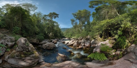 Panoramic 360 degrees hdr landscape of a lush forest river nature hdri viewpoint