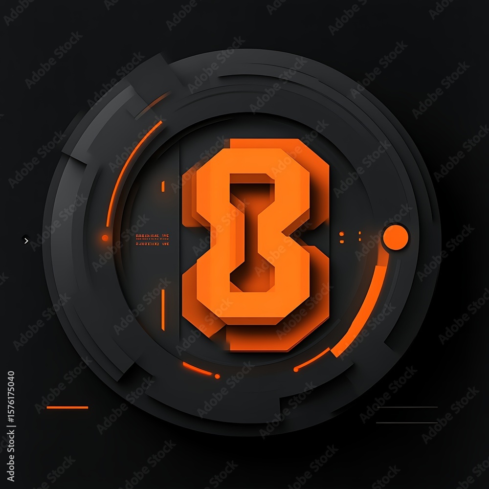 Fototapete futuristic orange number eight within a dark circular tech design