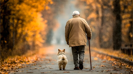 Elderly man walking with dog in autumn park during light rain
