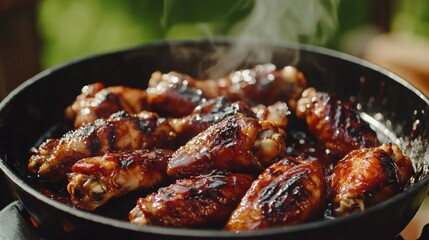 Grilled chicken wings with garlic and rosemary on a slate plate. On a dark background.