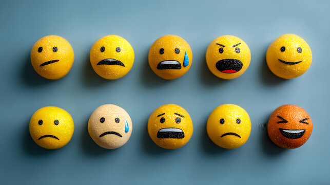 Ten colorful emoticons showing different emotions on blue background