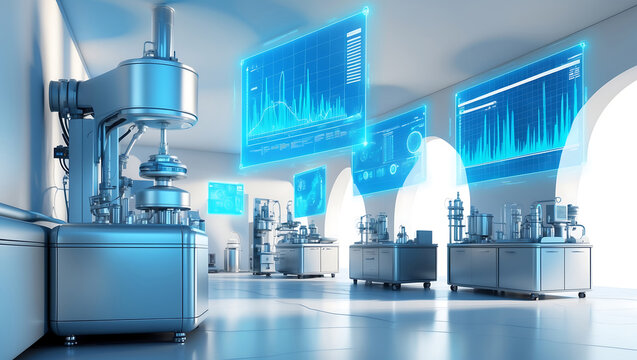Futuristic laboratory equipment with glowing blue data displays science technology