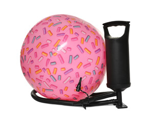Inflatable ball and manual air pump isolated on white