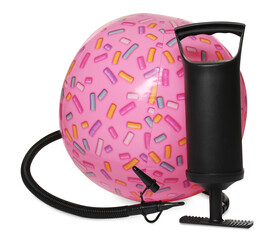 Inflatable ball and manual air pump isolated on white