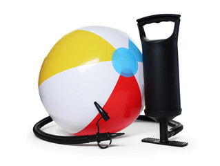 Inflatable ball and manual air pump isolated on white