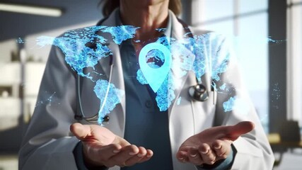 Global Healthcare Connectivity Doctor Holds Holographic World Map with Europe Pinpoint - Medical Technology Concept - Powered by Adobe