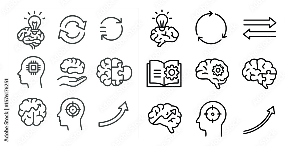 Aufkleber the image is a collection of various brain-related icons, including a book, a light bulb, and a gear