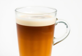 Layered espresso and frothed milk in a clear glass, clean white background,  morning,  still life