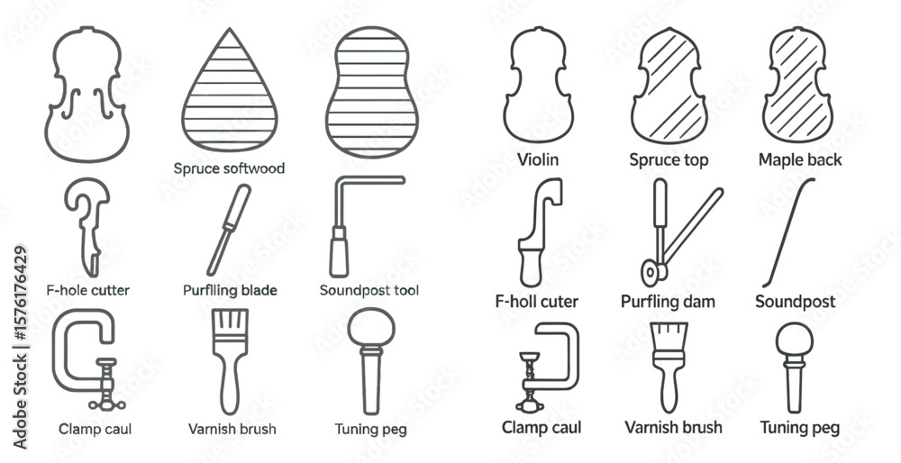 Poster set of tools for woodworking, including a saw, chisel, and hammer. the tools are arranged in a grid,
