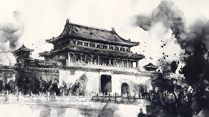 Ink wash painting of a traditional chinese city gate.