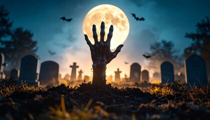 Zombie hand emerging from grave at night