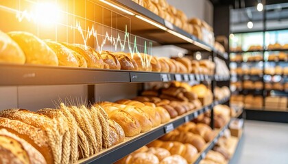 Shelves filled with various types of fresh bread in a bakery, featuring loaves and wheat stalks with a digital graph overlay symbolizing growth.
