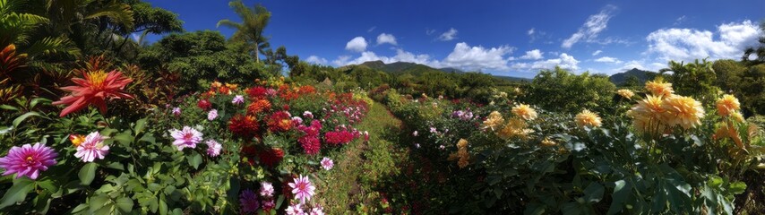 Obraz premium Vibrant floral paradise tropical garden 360 degrees hdr panorama lush environment