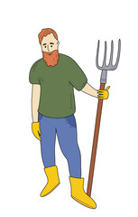 Colorful vector illustration of a farmer with pitchfork in gloves and boots. Cartoon rural worker in modern flat style for agriculture designs, farm logos, stickers, prints.