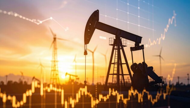 Oil pumpjack operates at sunset with wind turbines in the background, overlaid by fluctuating stock market graphs.