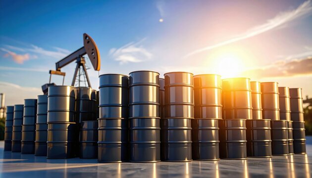 Oil barrels stacked outdoors with an oil pumpjack in the background during sunset, symbolizing energy production and petroleum industry.