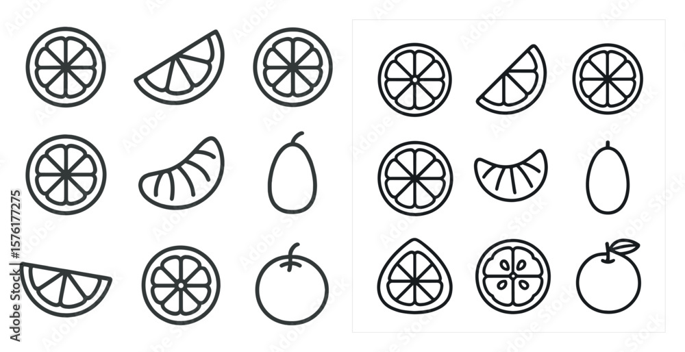 Poster series of fruit slices, including oranges, apples, and bananas. the slices are arranged in a grid pa