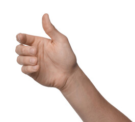 Man holding something on white background, closeup