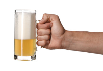 Man with glass mug of tasty beer on white background, closeup