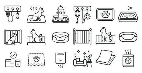 Fototapeta na wymiar Series of black and white icons for pets and pet supplies. The icons include a cat, a dog, a dog bed, a cat bed, a litter box, a dog leash, a dog toy, a dog crate, a dog bowl