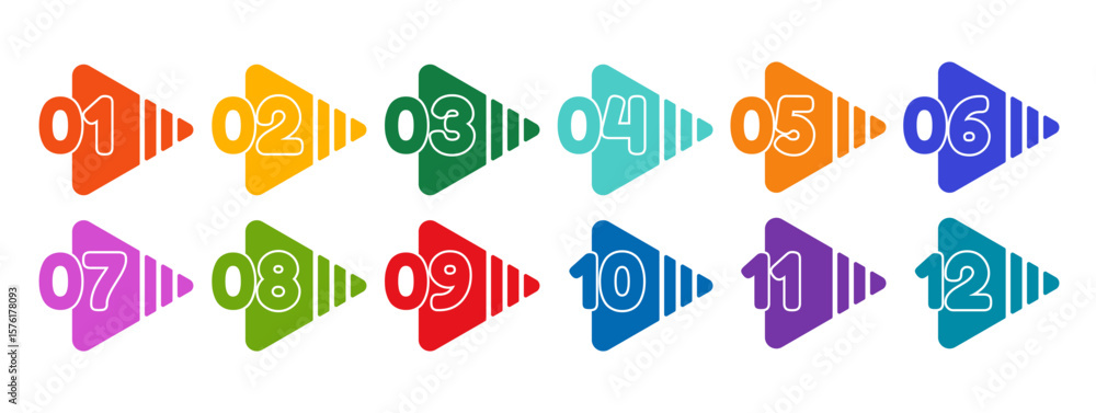 Poster flat vector illustration of set of markers from 1 to 12 isolated on white background. colored marker