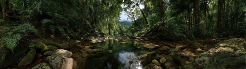 Exploring lush rainforest stream tropical paradise 360 degrees hdr panorama natural serenity