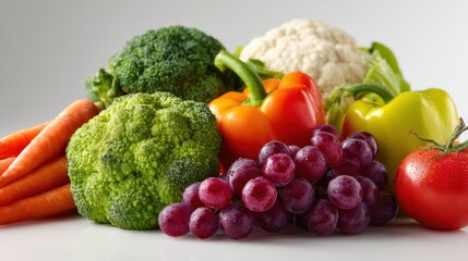 A vibrant assortment of fresh vegetables and fruits including broccoli, peppers, grapes, carrots, and cauliflower on a light background.