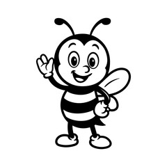 Children coloring - fun cute bee waving cartoon character isolated drawing line style sketch classic vintage design illustration