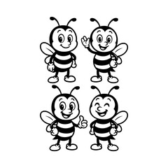 Children coloring - fun cute bees compilation cartoon character isolated drawing line style sketch classic vintage design illustration