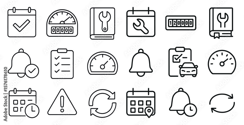 Poster collection of icons for a calendar, including a bell, a speedometer, and a calendar itself. these ic