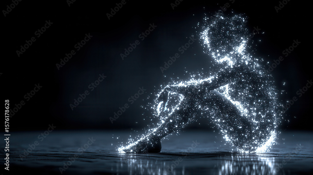 Poster glowing wireframe silhouette symbolizes isolation in dark virtual space filled with drifting pixels