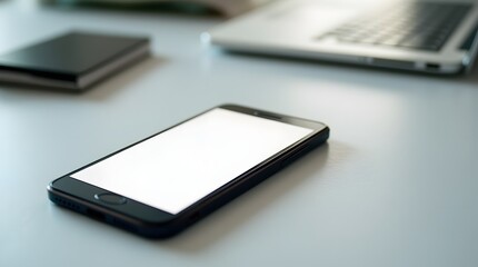 The smartphone is on a table with a white blank screen. Modern technologies, design template, interface layout.