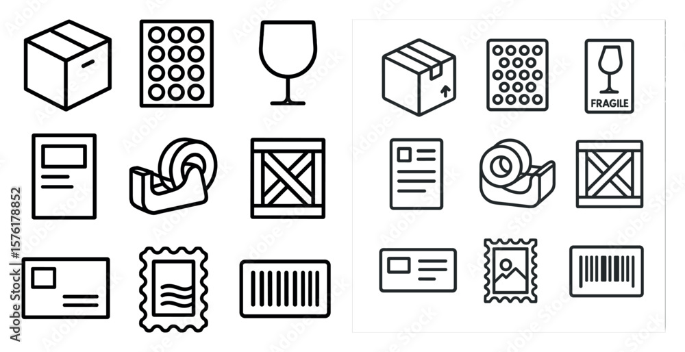 Aufkleber collection of various items, including a box, a glass, a tape dispenser, and a fragile sticker. the 