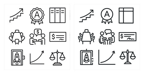 Set of icons for a business meeting. The icons include a check, a balance sheet, a sign, a checkbook, a check, a check, a check, a check, a check, a check, a check, a check