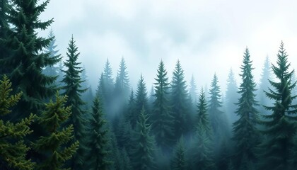 Fototapeta premium Hand-drawn misty spruce forest, perfect for wallpaper, screensavers, book illustrations, design element, evergreen