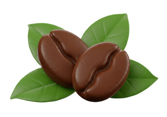 Isolated Roasted Coffee Beans with Fresh Green Leaves