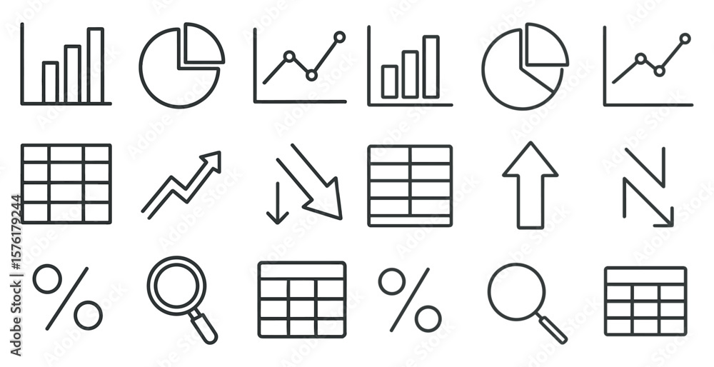 Poster set of line drawings of graphs and charts. the drawings include a line graph, a pie chart, a bar gra